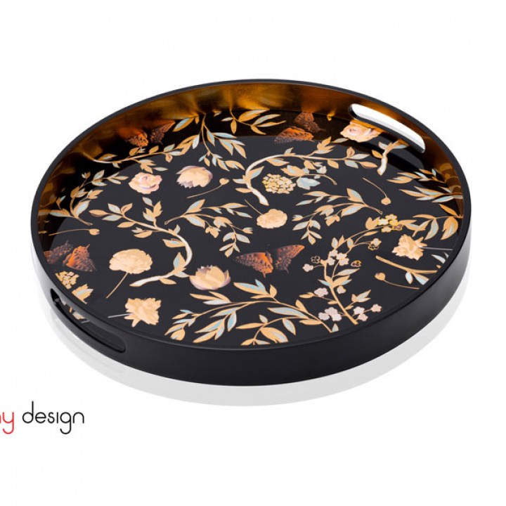 Round lacquer tray with flower and butterfly pattern D35*4,5 cm